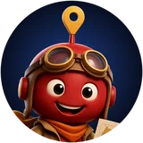 Rover, a red robot with a map-pin antenna, aviator goggles and a scarf holding a U.S. map